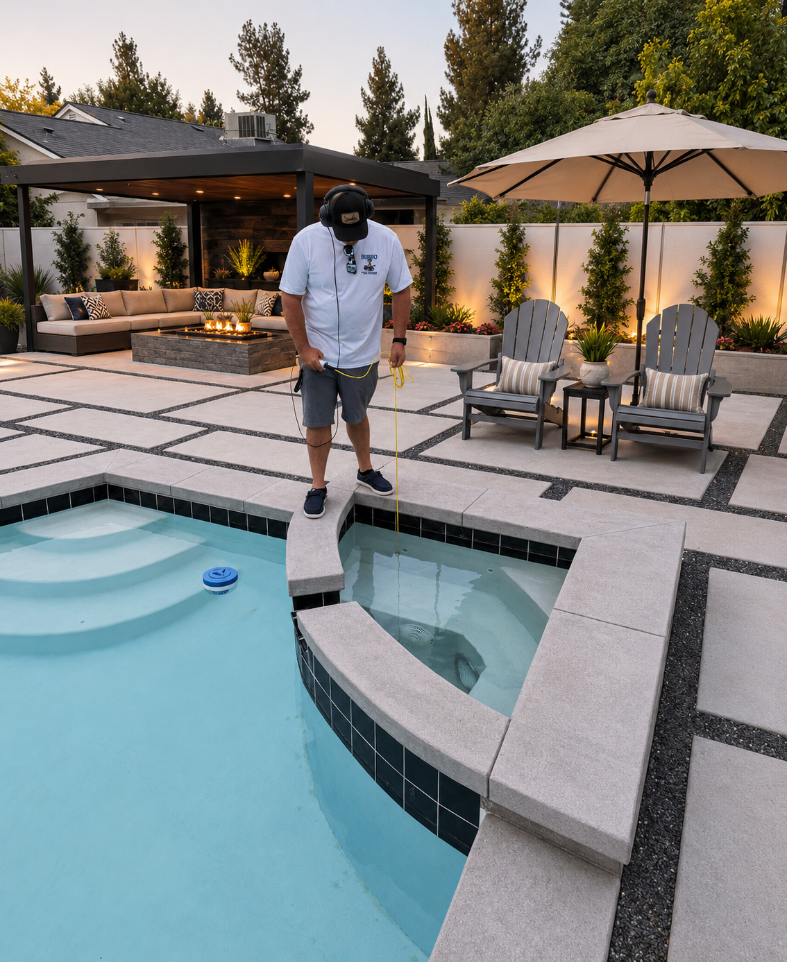 Burro Pools technician using electronic leak detection equipment at dusk beside a modern Arizona backyard pool and fire pit